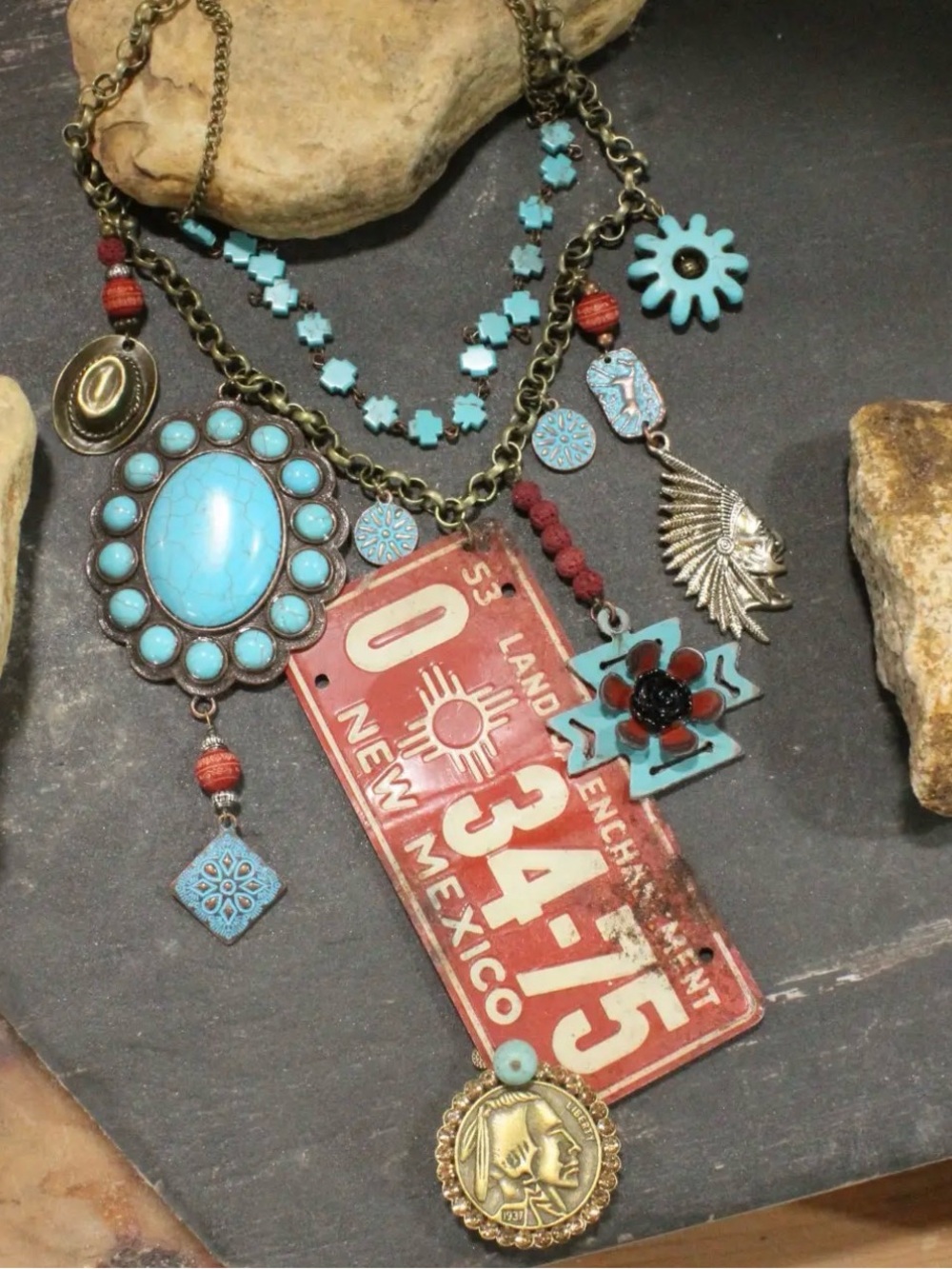Boho Turquoise Multi-Charm Necklace Statement Piece Oversized Primitive Peddler